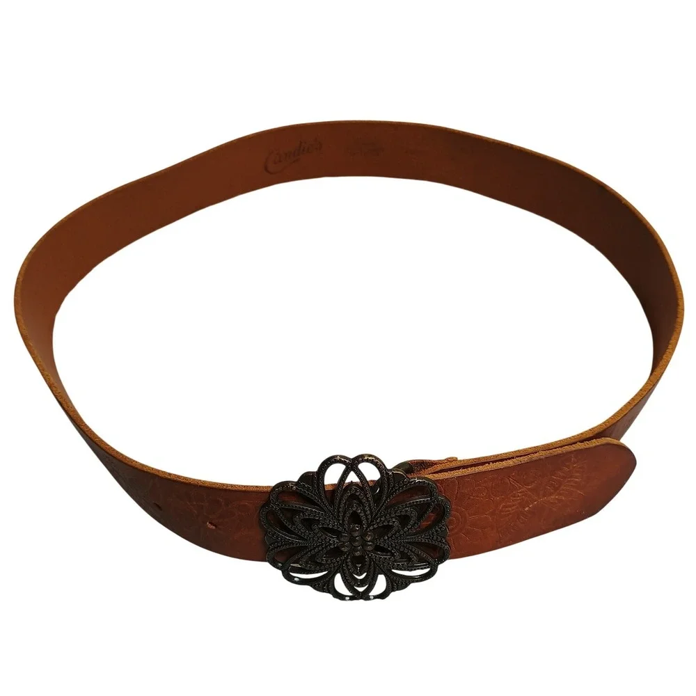 Candies Belt Womens Large Brown Leather Floral Embossed Filigree Buckle Boho